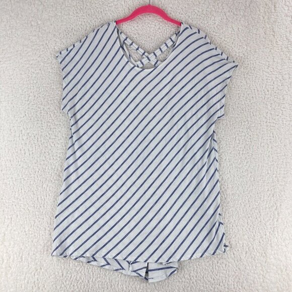 Chico's Tops - Chico's White Blue Striped Pullover Shirt Womens Stretch Short Sleeve Size Large